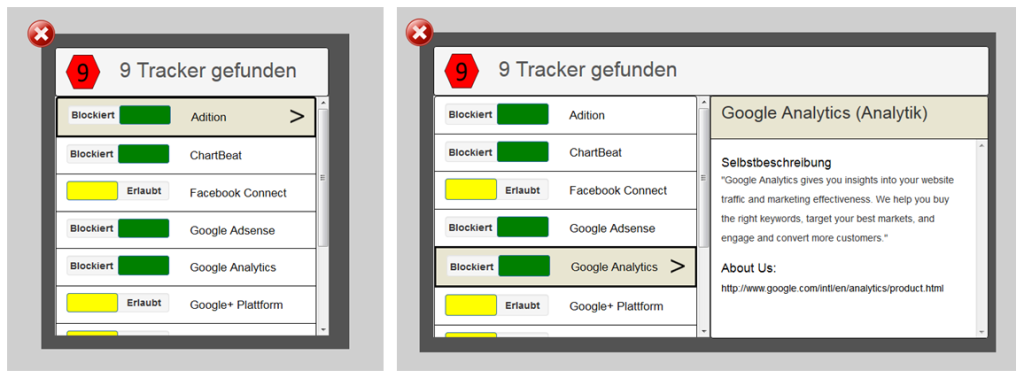 Interaktionsprototyp - 2 Bilder. Linkes Bild: Liste in der die vorhandene Tracker angezeigt werden, plus die Möglichkeit diese Tracker über einen Schalter zu blockieren bzw. zu erlauben. Rechtes Bild: Liste in der die vorhandene Tracker angezeigt werden, plus eine ausgeklapptes Infofeld, welches weiterführende Informationen über den ausgewählten Tracker anzeigt.